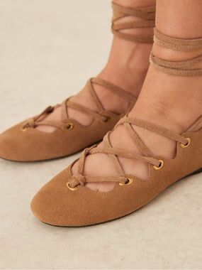 Mango Suede Lace-Up Ballet Flats in Tan
